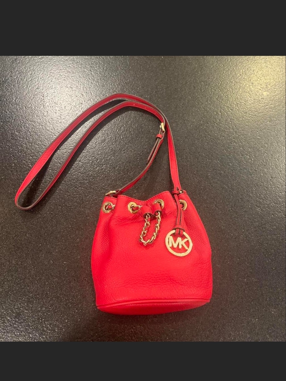 Michael Kors Red Leather Mini Drawstring Bucket Bag with Gold Hardware